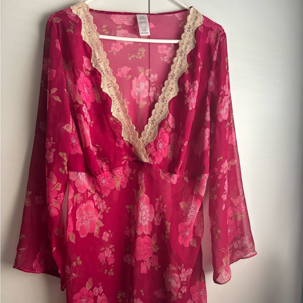 Vintage Floral Lace Trim Nightgown - Pink